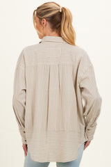 Beige Oversized Striped Button Down Long Sleeve Maternity Shirt