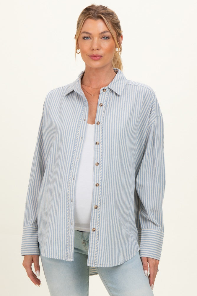 Blue Oversized Striped Button Down Long Sleeve Maternity Shirt