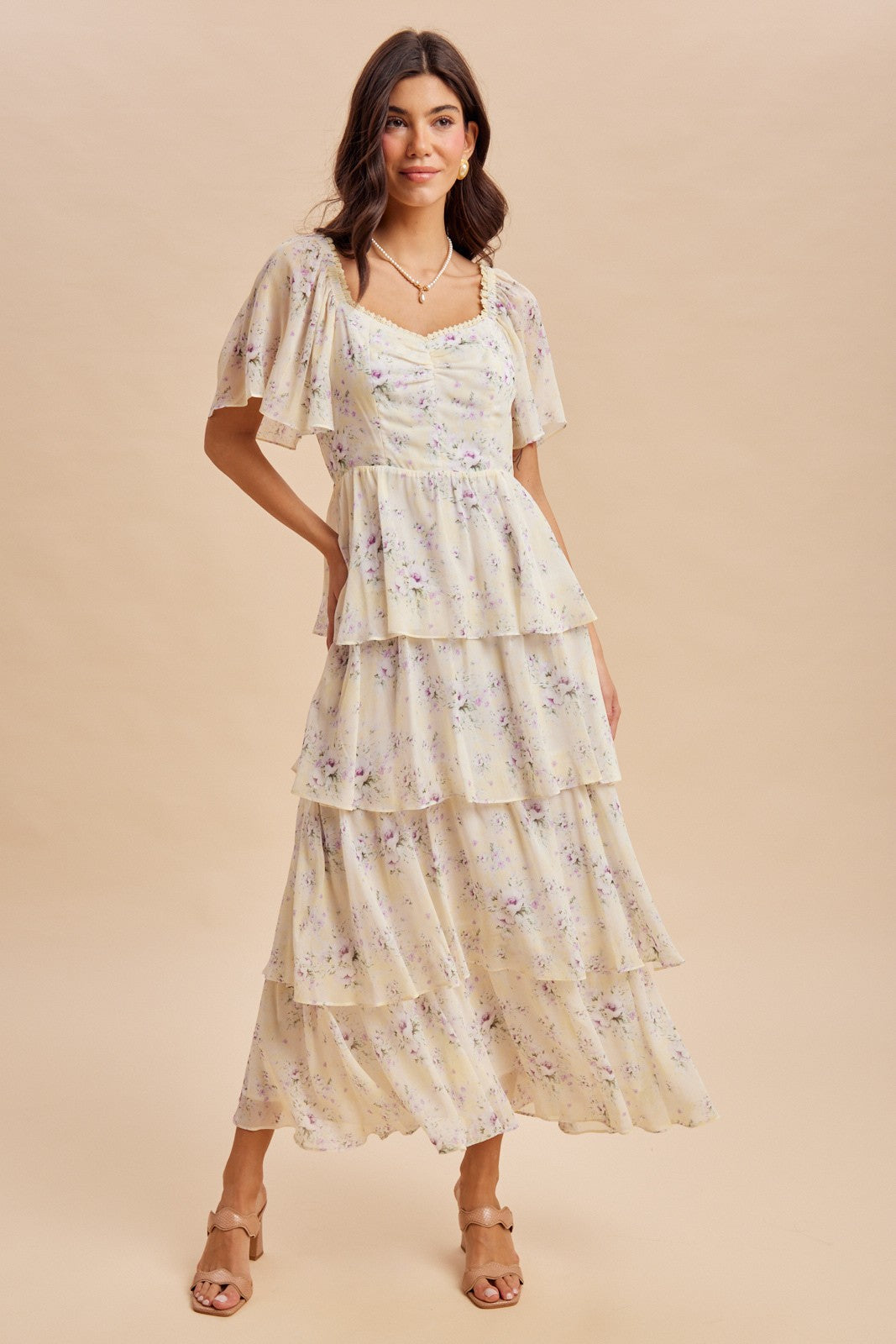 Lemon Floral Flounce Tiered Maxi Dress
