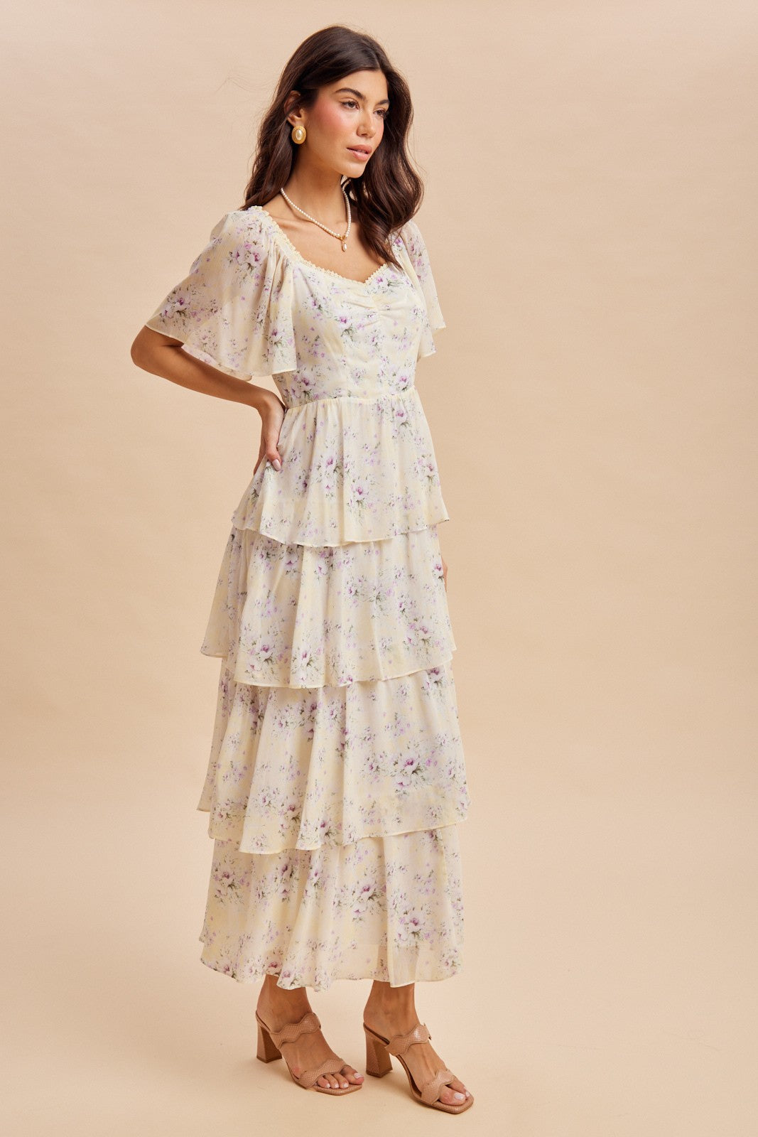 Lemon Floral Flounce Tiered Maxi Dress