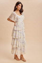 Lemon Floral Flounce Tiered Maxi Dress
