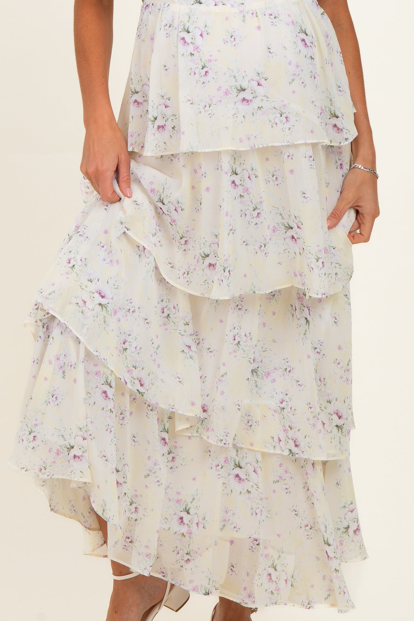 Lemon Floral Flounce Tiered Maternity Maxi Dress