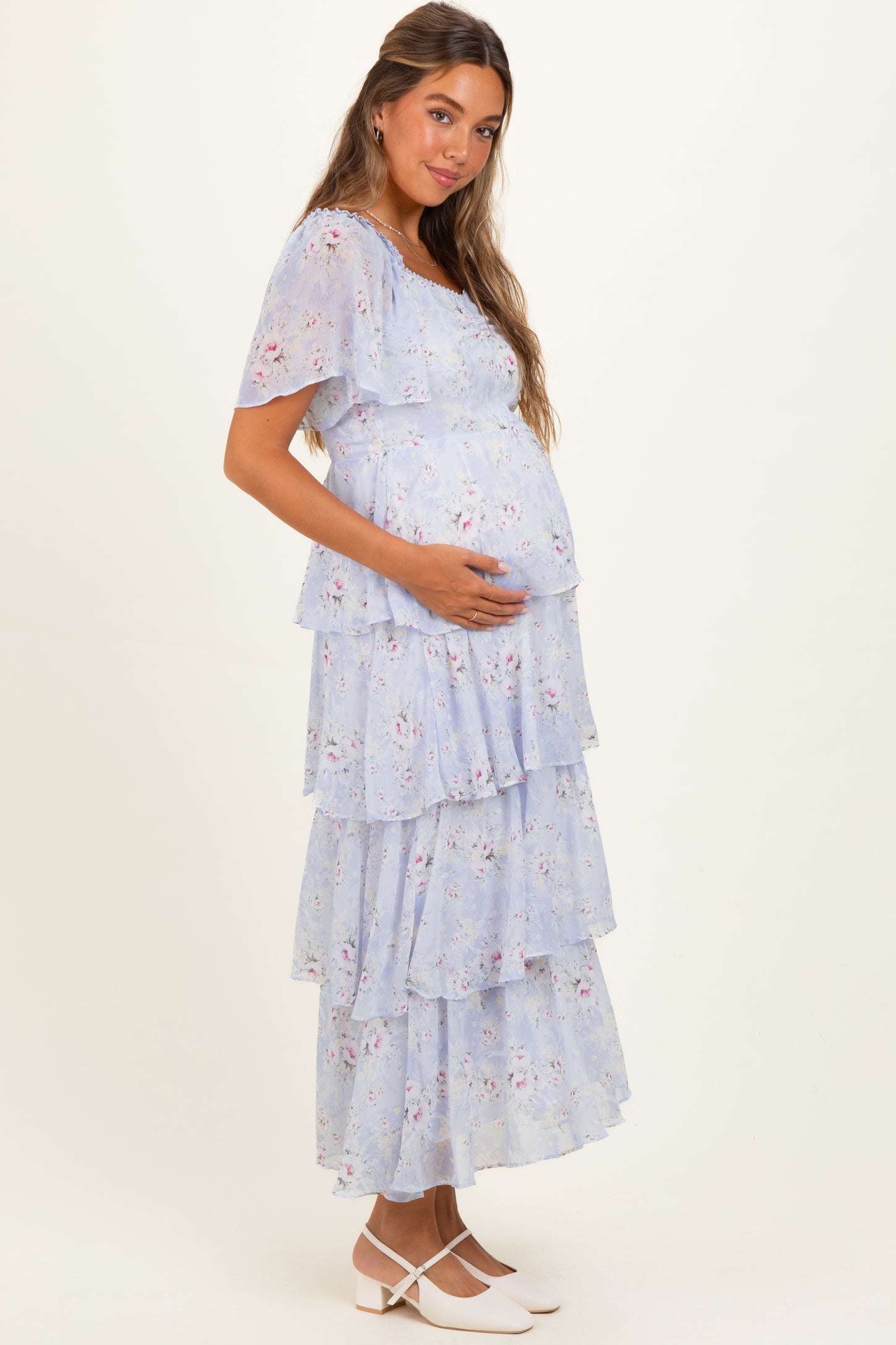 Periwinkle Floral Flounce Tiered Maternity Maxi Dress