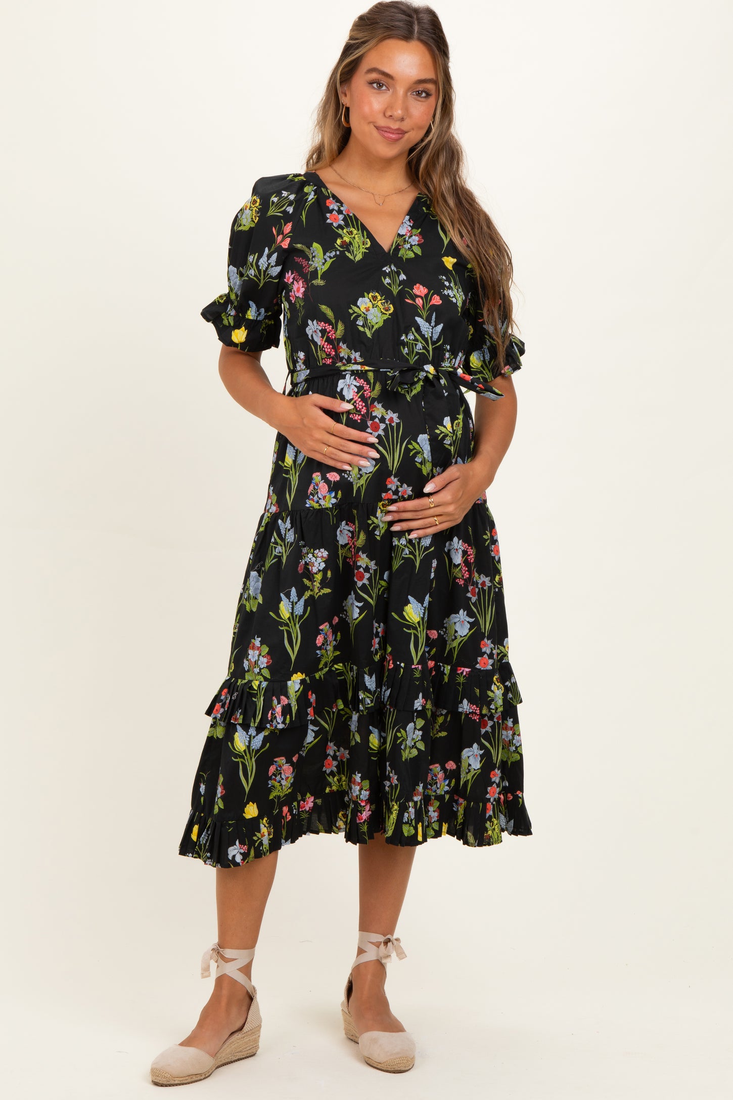 Black Floral Belted Tiered Maternity Midi Dress