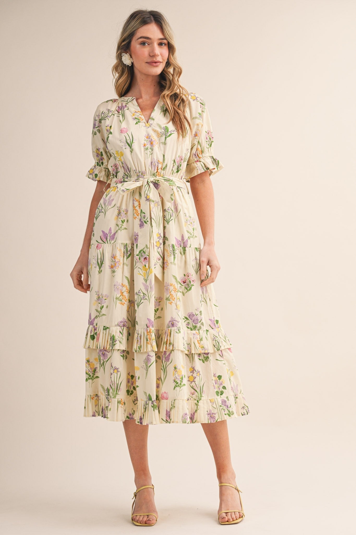 Cream Floral Belted Tiered Maternity Midi Dress