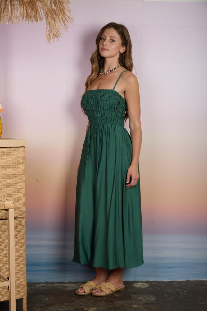 Kelly Green Smocked Thin Strap Midi Dress