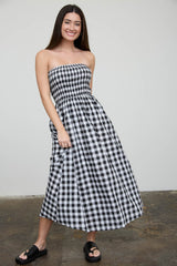 Black White Plaid Strapless Smocked Maternity Midi Dress