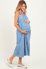Light Denim Floral Button Down Maternity Midi Dress