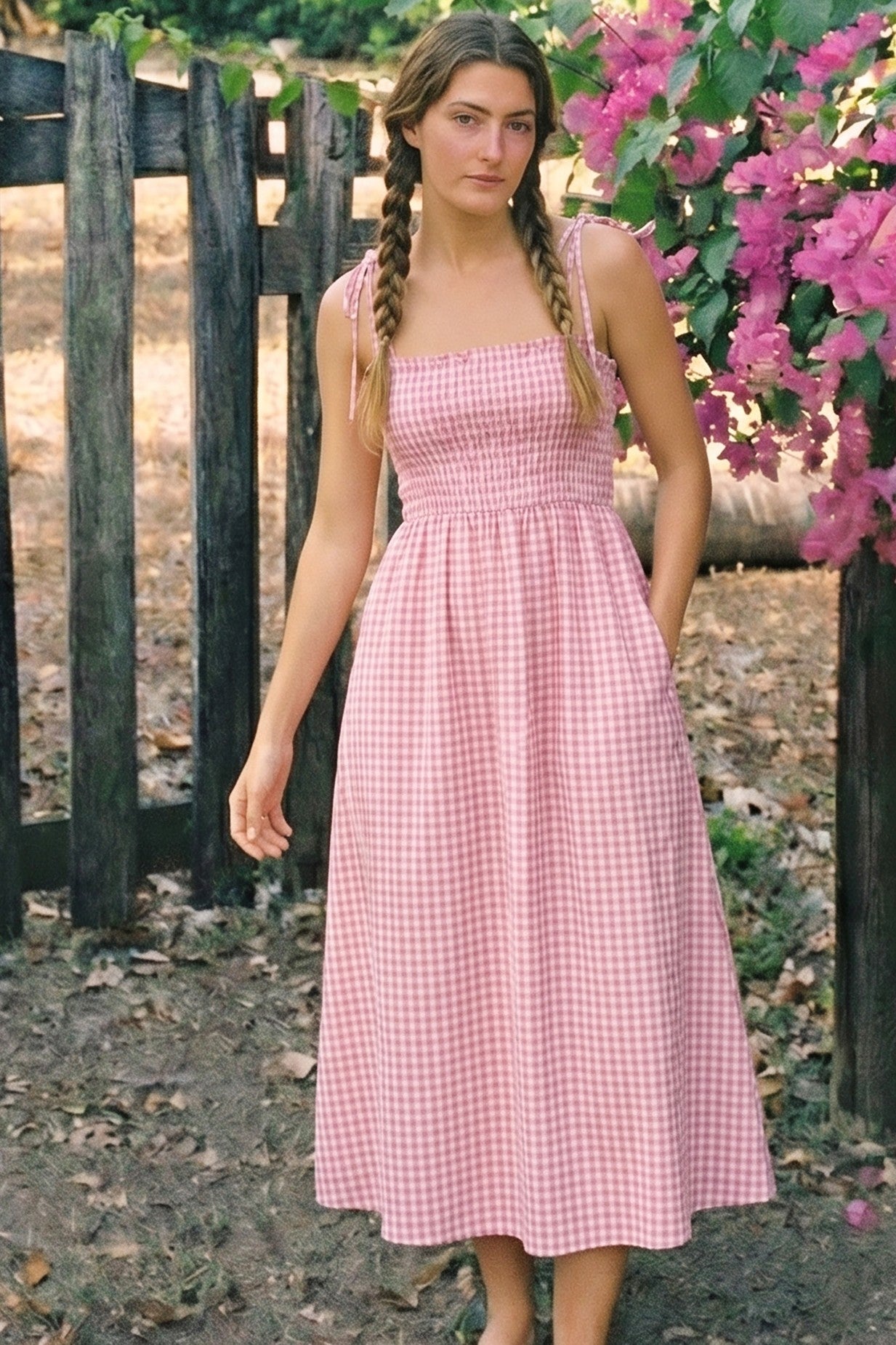 Pink Gingham Smocked Maternity Midi Dress
