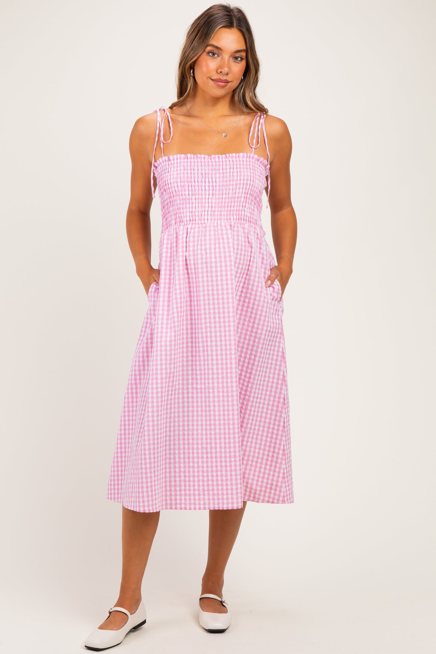 Pink Gingham Smocked Maternity Midi Dress