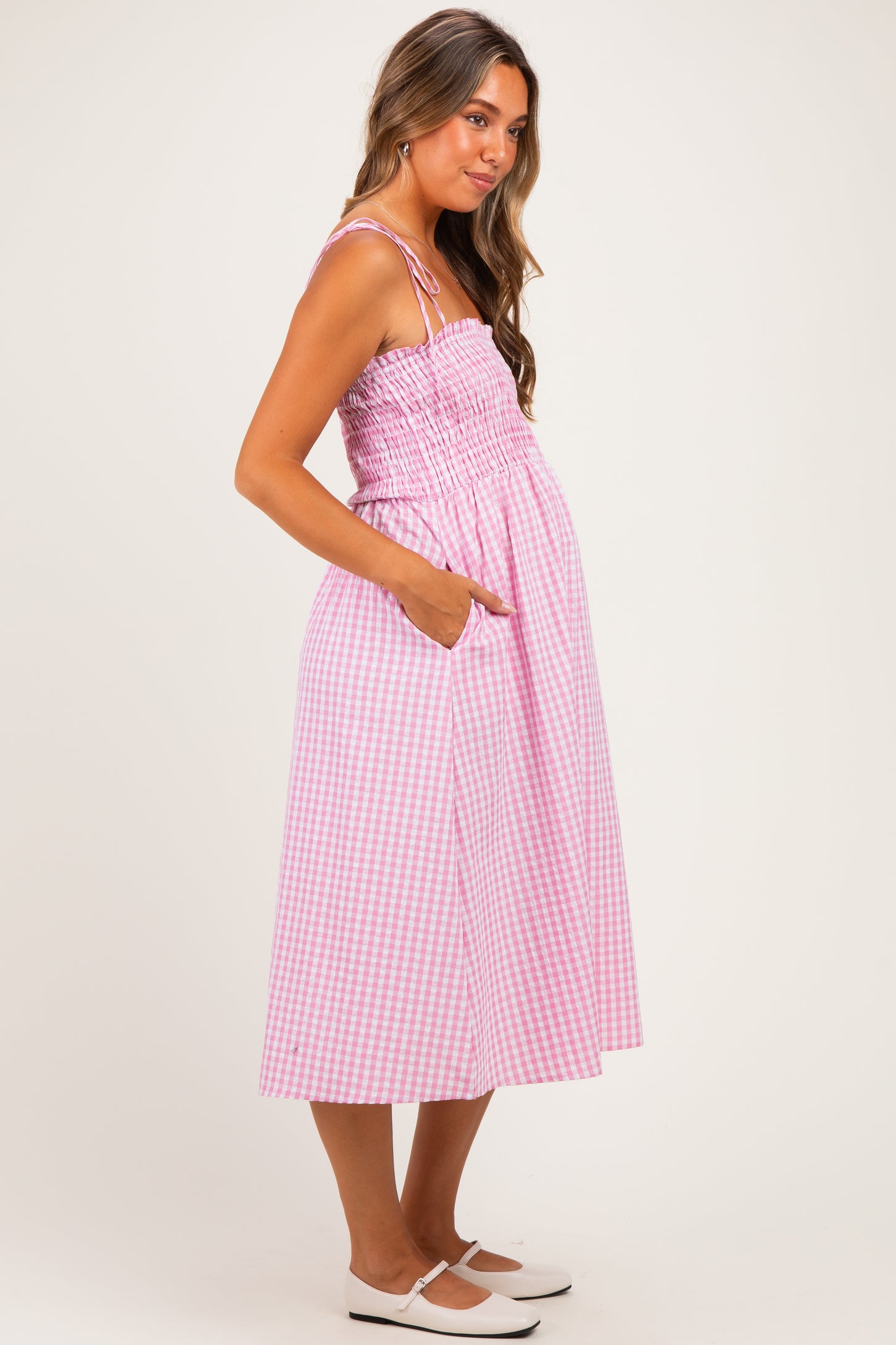 Pink Gingham Smocked Maternity Midi Dress