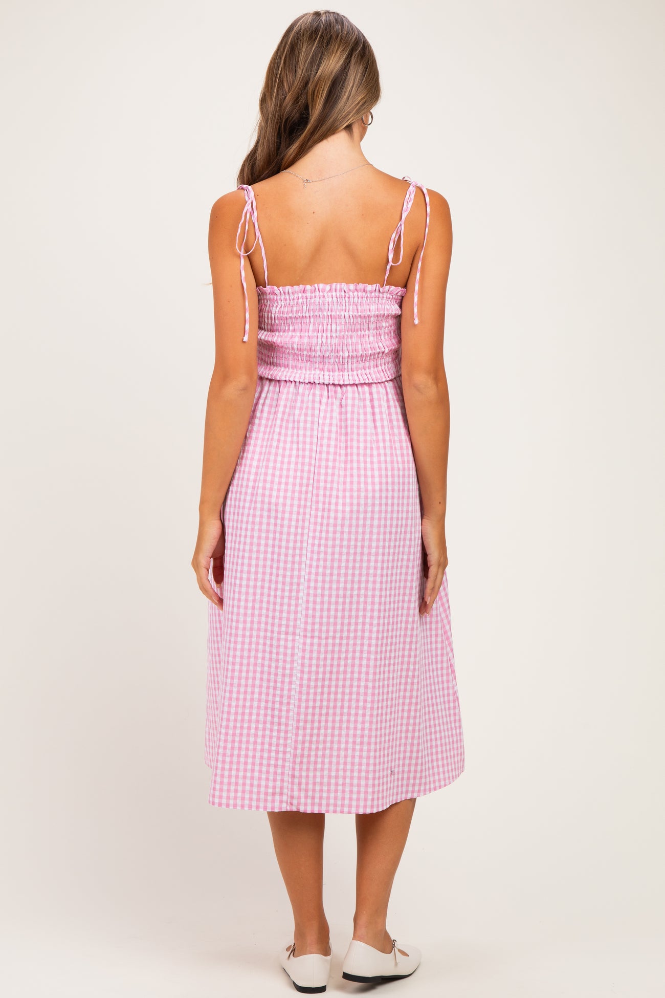 Pink Gingham Smocked Maternity Midi Dress