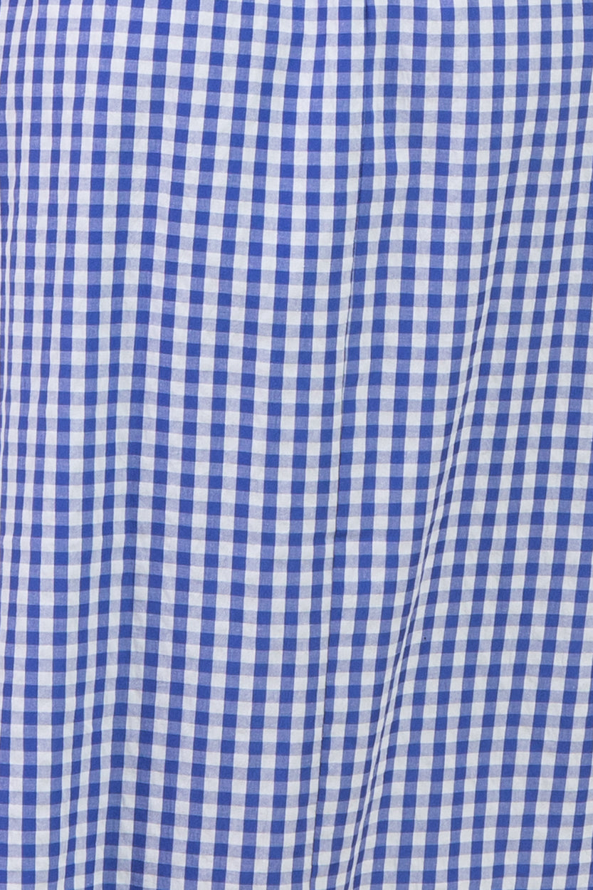 maternity wear blue and white gingham patterned dress with a flowing silhouette