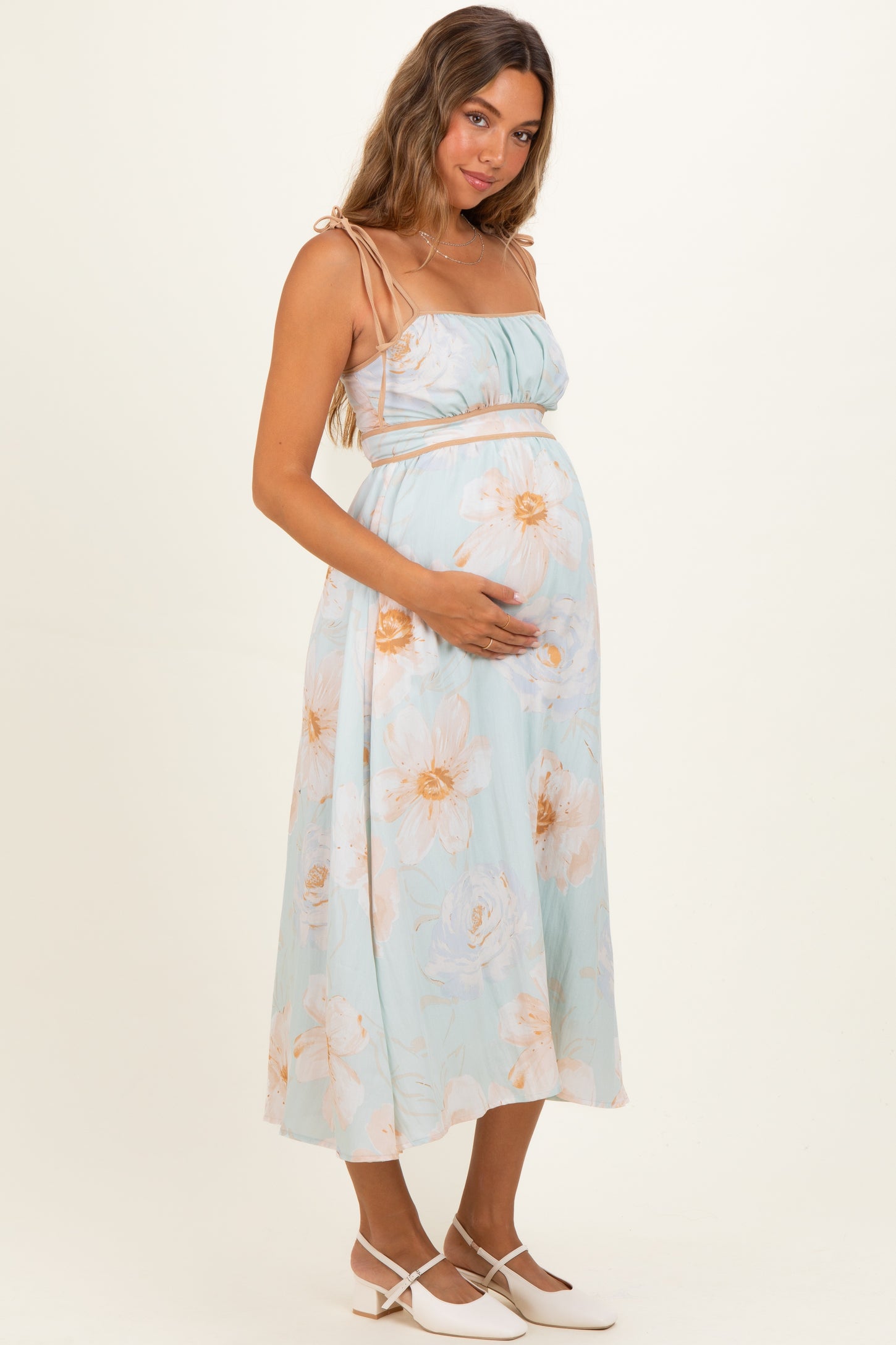 Blue Watercolor Floral Shoulder Tie Maternity Midi Dress