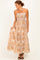 Camel Damask Print Strapless Smocked Midi Dress