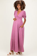Mauve Floral V-Neck Short Sleeve Maternity Maxi Dress
