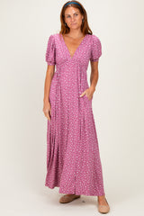 Mauve Floral V-Neck Short Sleeve Maternity Maxi Dress