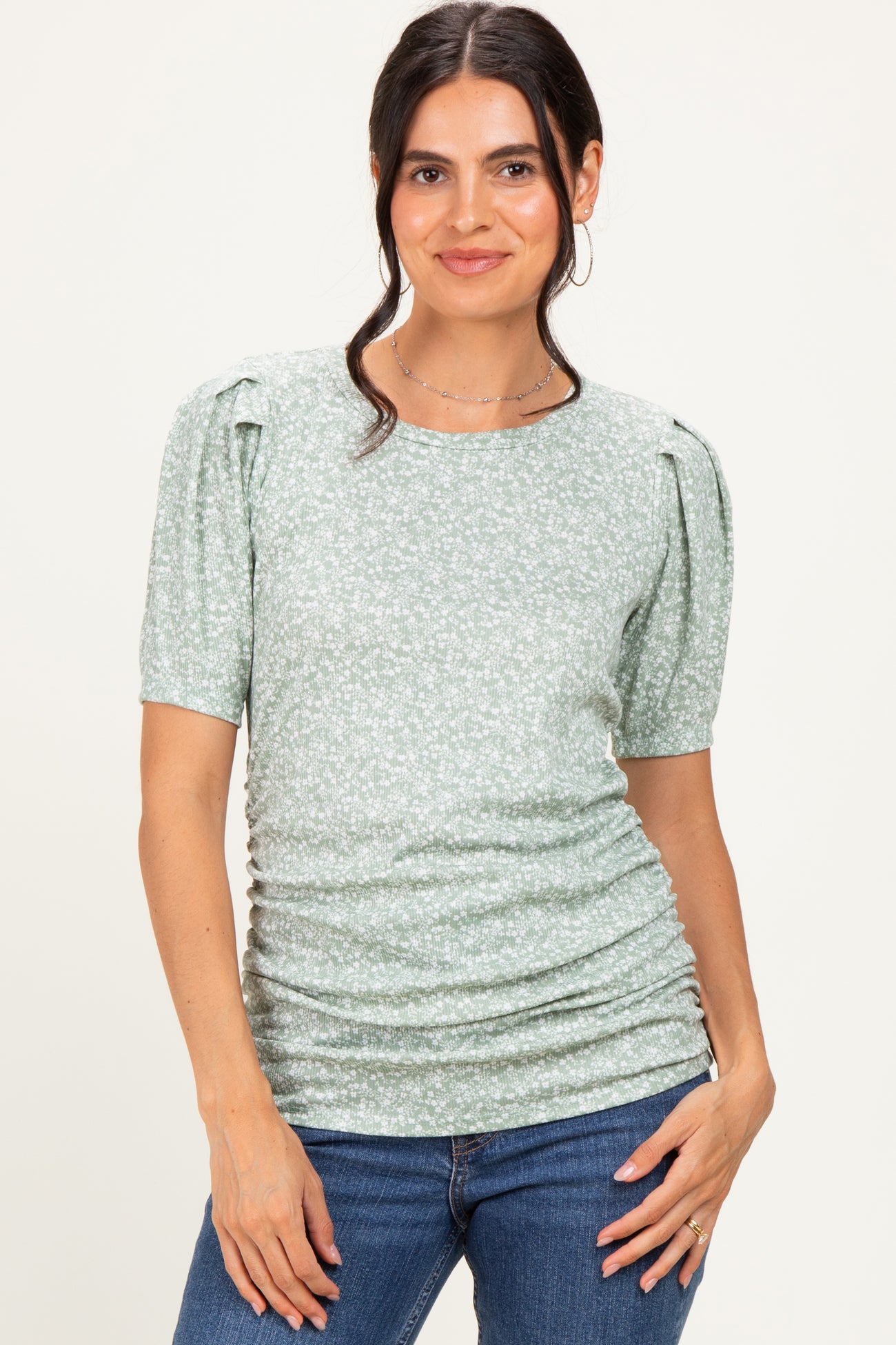 Sage Floral Short Sleeve Ribbed Top
