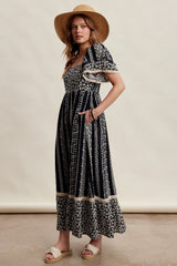 Black Floral Border Print Flutter Sleeve Maxi Dress