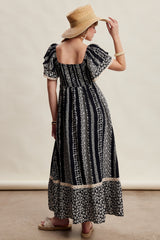 Black Floral Border Print Flutter Sleeve Maxi Dress
