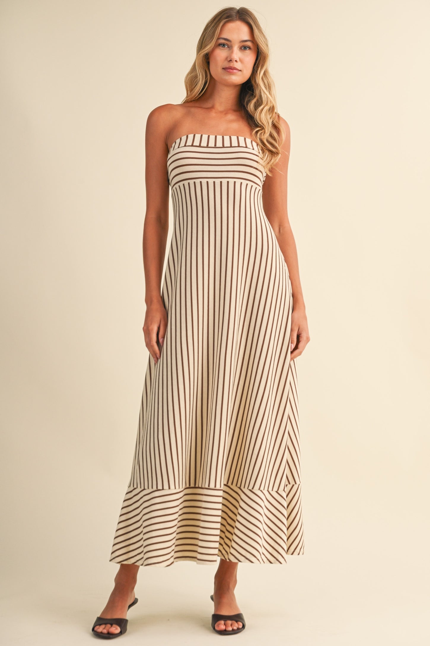 Cream Brown Striped Strapless A-Line Maxi Dress