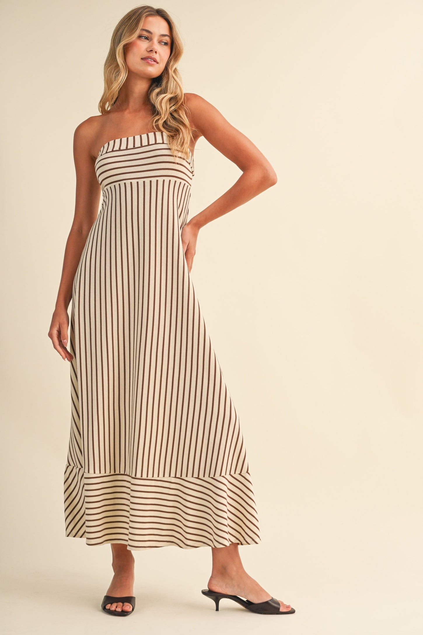Cream Brown Striped Strapless A-Line Maxi Dress