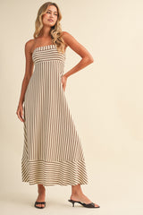 Cream Brown Striped Strapless A-Line Maxi Dress