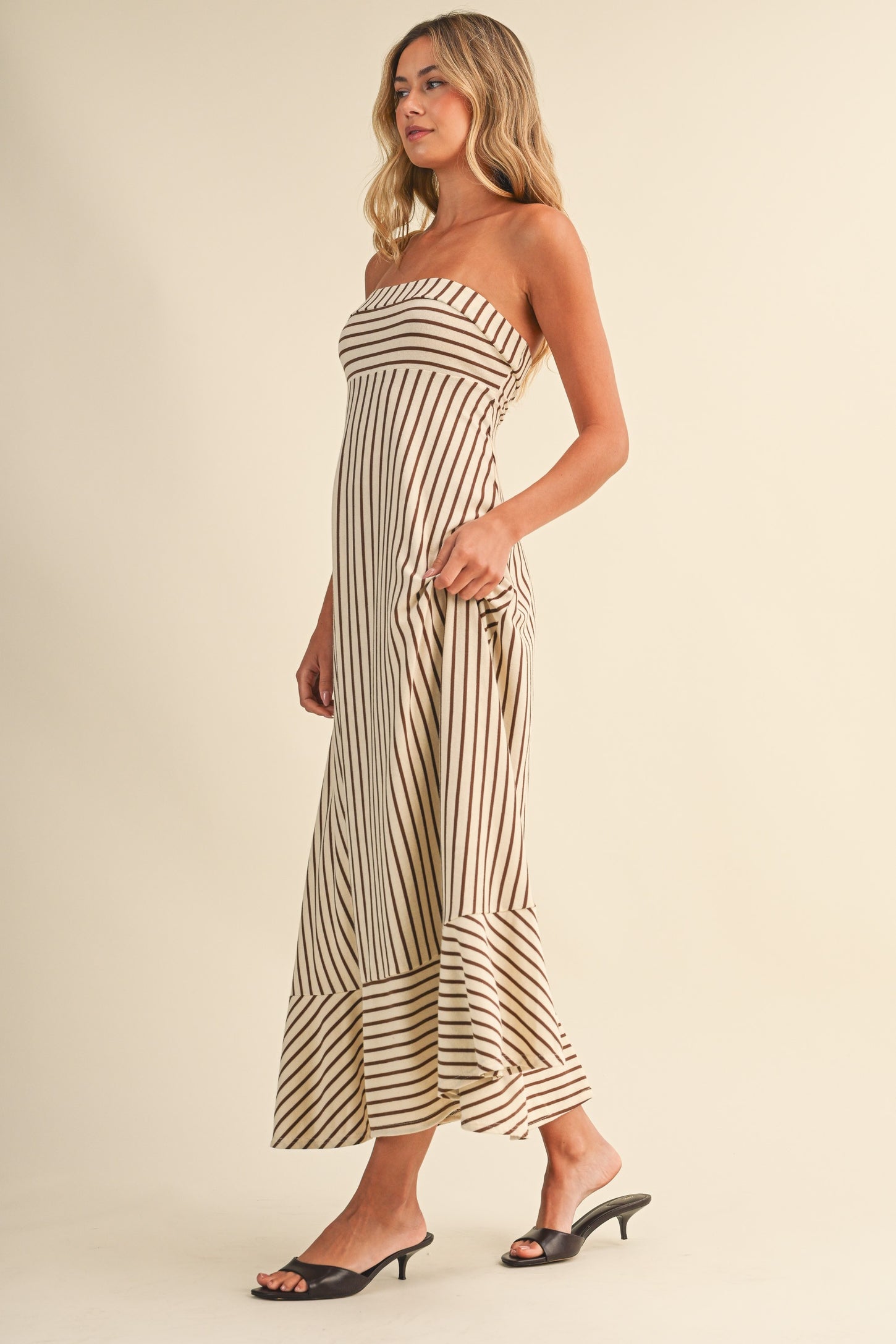 Cream Brown Striped Strapless A-Line Maxi Dress