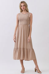 Beige Smocked And Tiered Maternity Maxi Dress