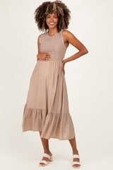 Beige Smocked And Tiered Maternity Maxi Dress