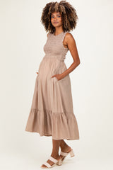 Beige Smocked And Tiered Maternity Maxi Dress