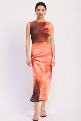 Coral Multi Tie Dye Mesh Maxi Dress With Side Ruching