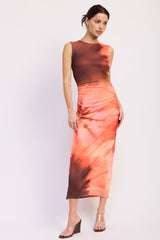 Coral Multi Tie Dye Mesh Maxi Dress With Side Ruching