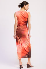 Coral Multi Tie Dye Mesh Maxi Dress With Side Ruching