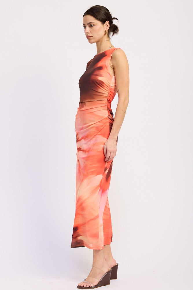 Coral Multi Tie Dye Mesh Maxi Dress With Side Ruching