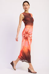 Coral Multi Tie Dye Mesh Maxi Dress With Side Ruching