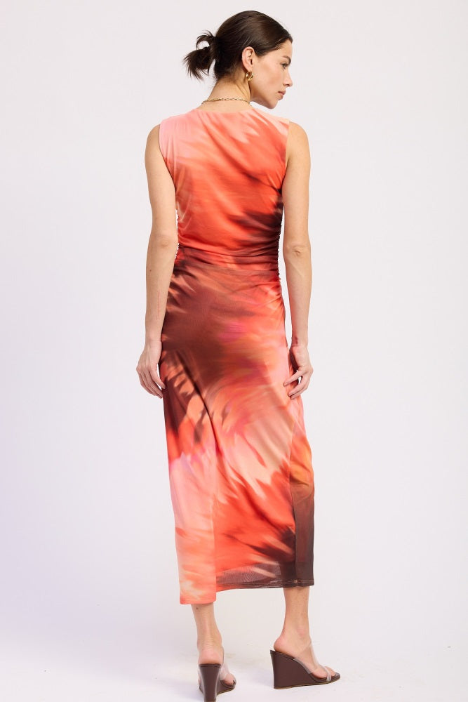 Coral Multi Tie Dye Mesh Maxi Dress With Side Ruching