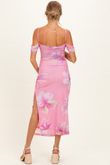 Pink Multi Off-Shoulder Mesh Side Slit Maternity Dress