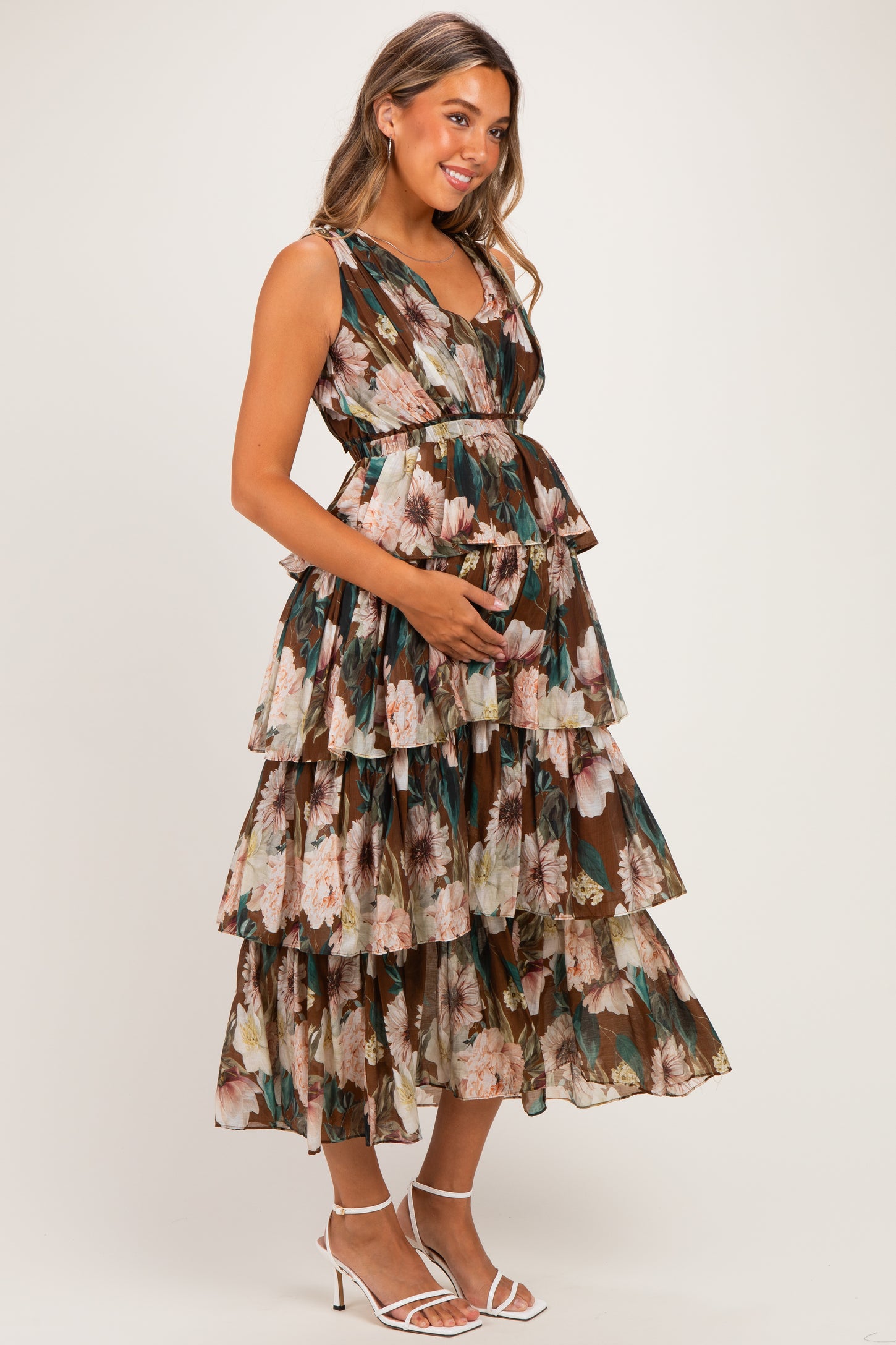 Brown Floral Sleeveless Flounce Tiered Maternity Maxi Dress