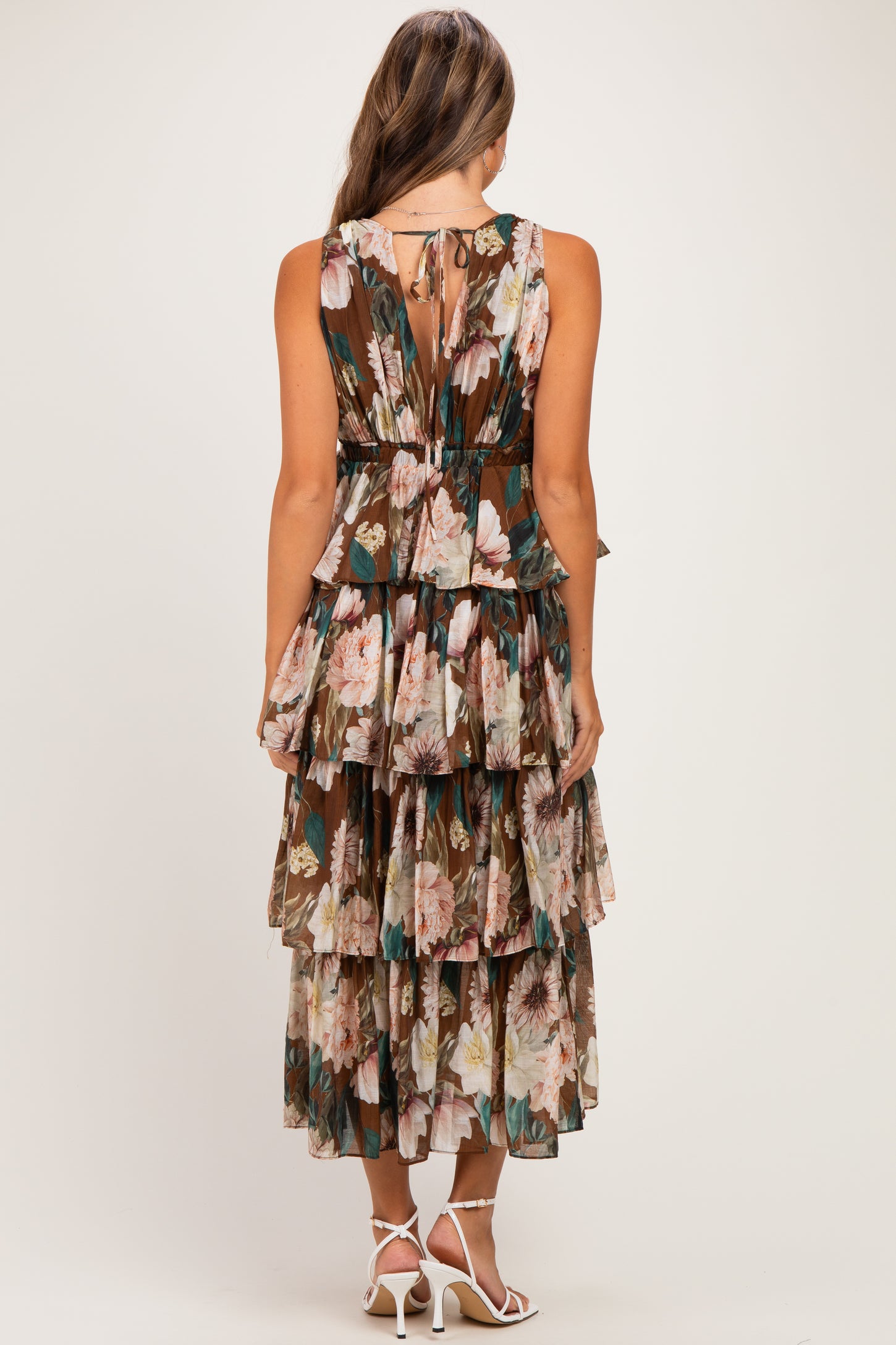 Brown Floral Sleeveless Flounce Tiered Maternity Maxi Dress