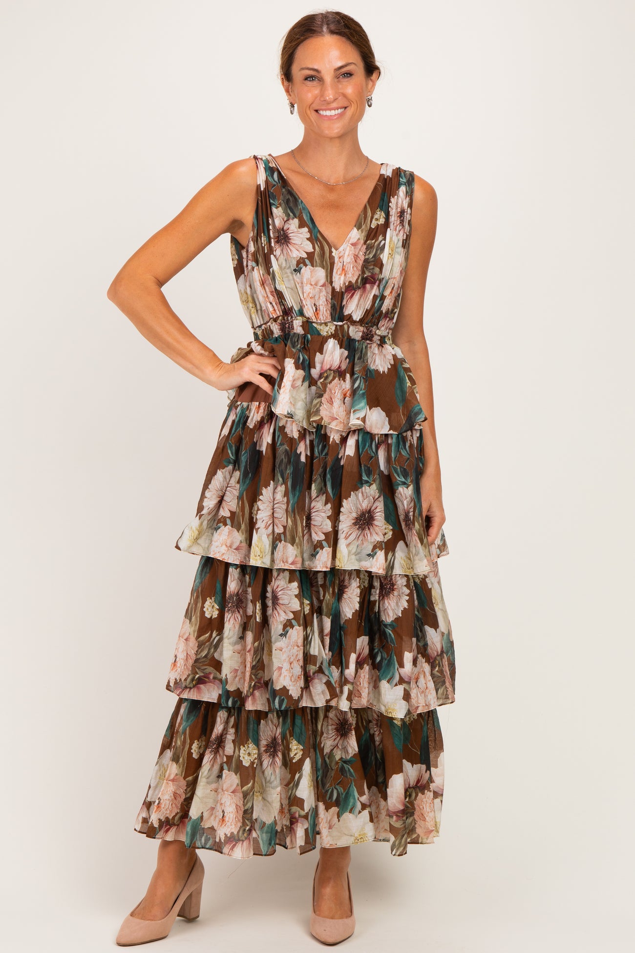 Brown Floral Sleeveless Flounce Tiered Maternity Maxi Dress