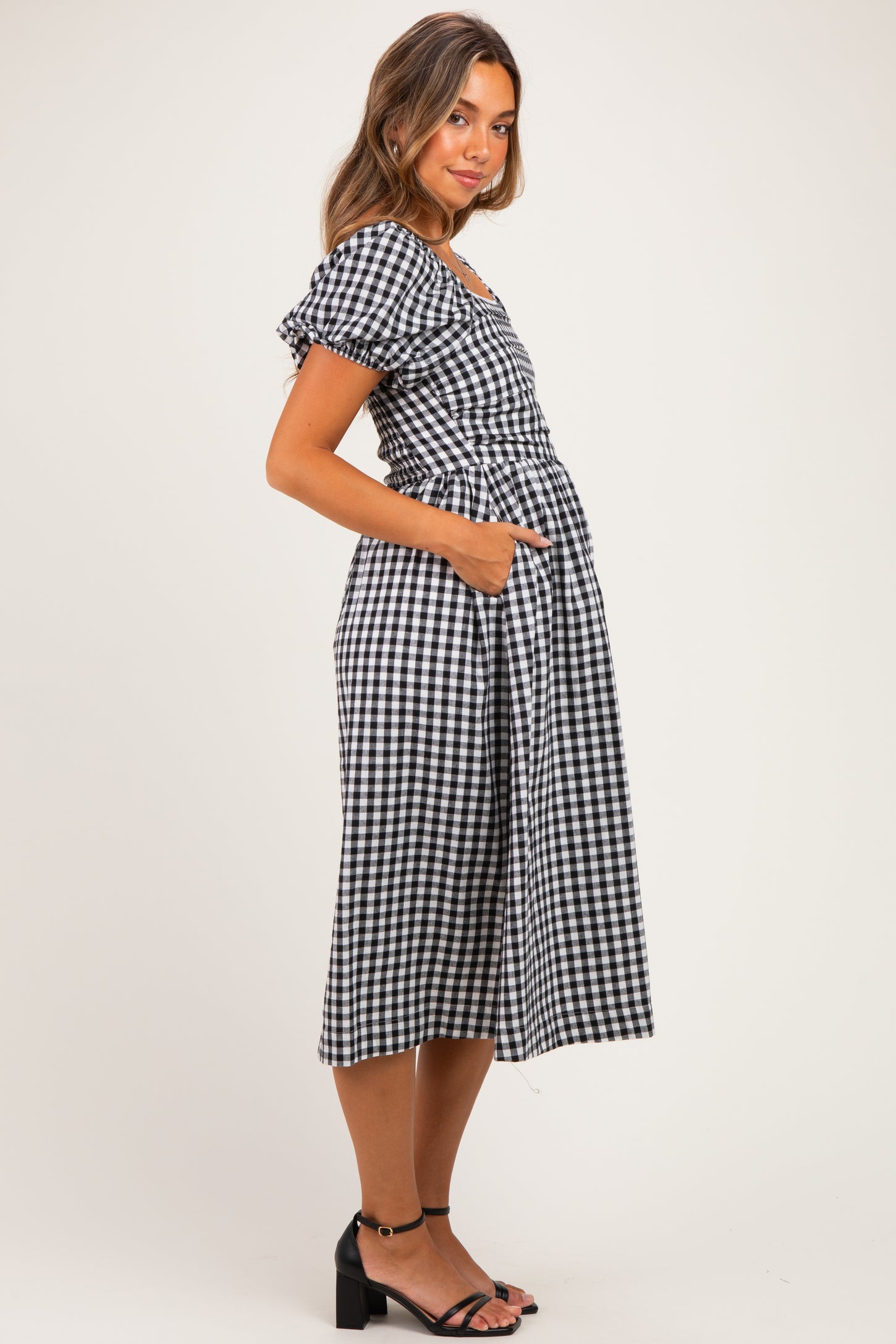 Black Gingham Lace Trim Puff Sleeve Maternity Midi Dress