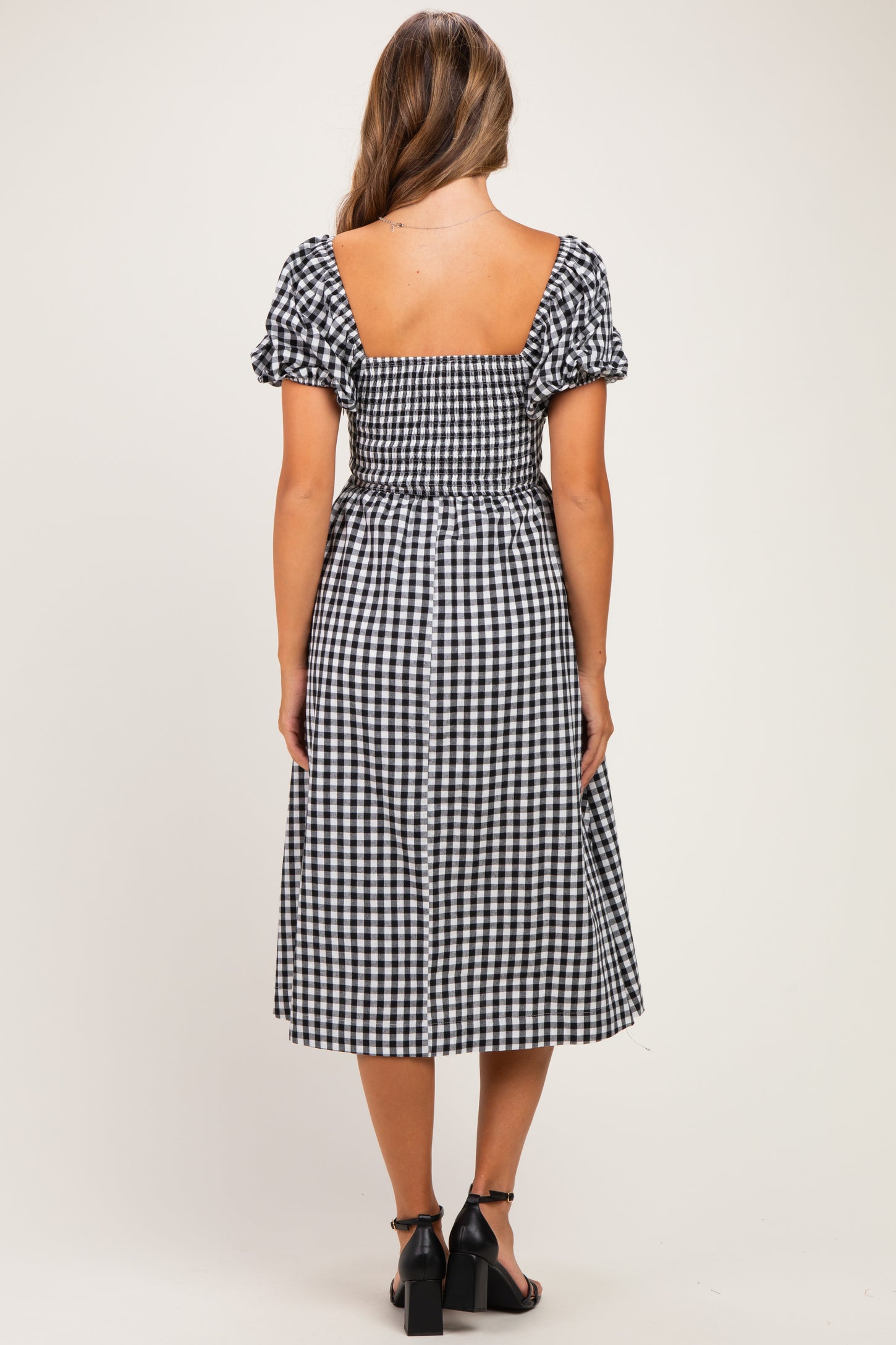Black Gingham Lace Trim Puff Sleeve Maternity Midi Dress