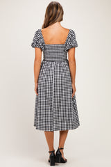 Black Gingham Lace Trim Puff Sleeve Maternity Midi Dress
