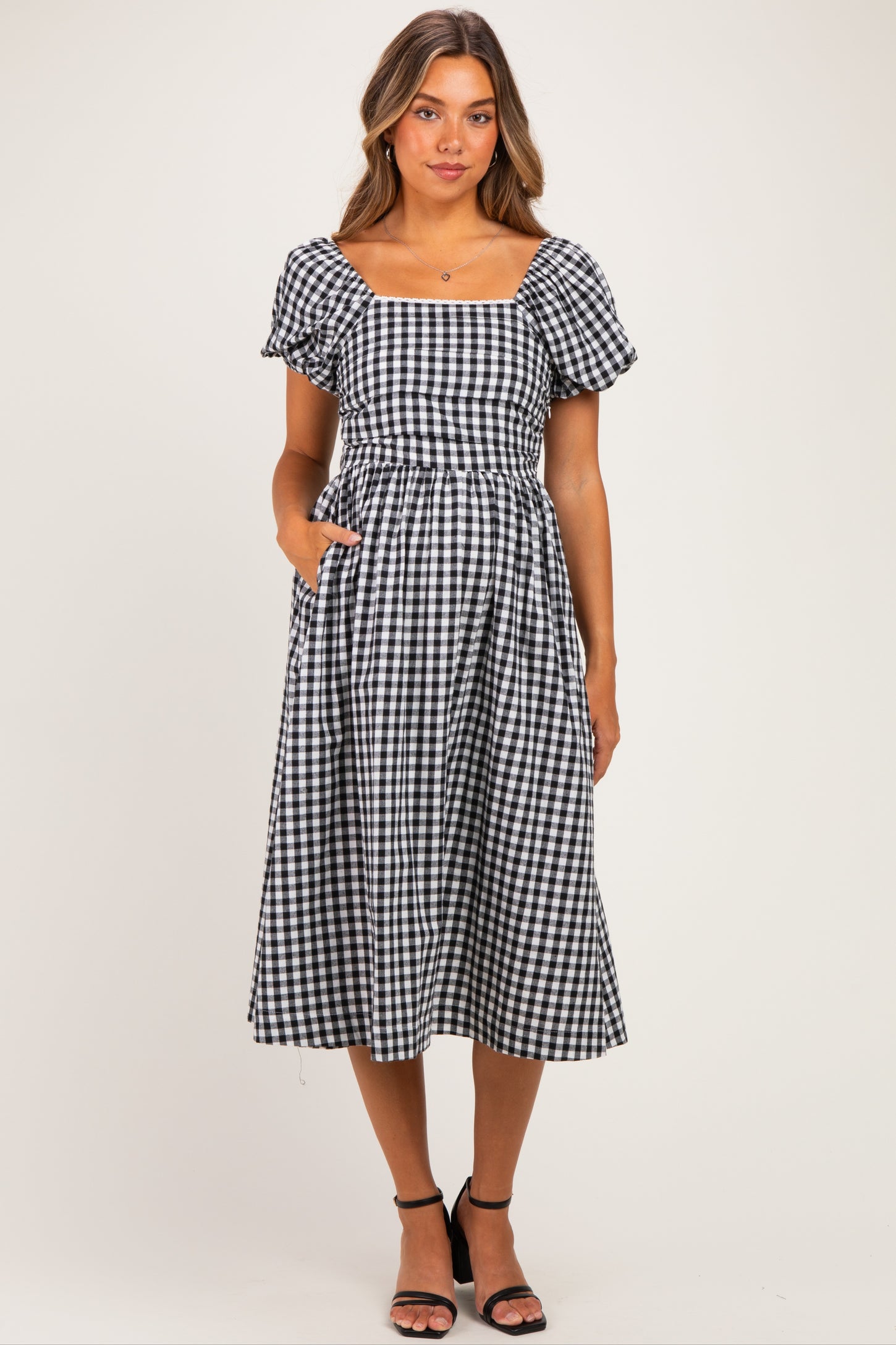 Black Gingham Lace Trim Puff Sleeve Maternity Midi Dress