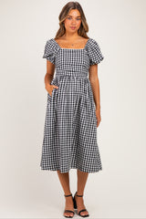 Black Gingham Lace Trim Puff Sleeve Maternity Midi Dress