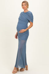 Blue Draped Bodice Ruched Mesh Maternity Maxi Dress
