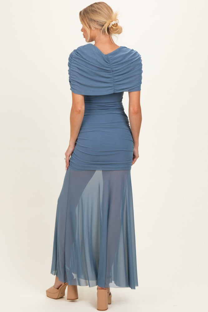 Blue Draped Bodice Ruched Mesh Maternity Maxi Dress