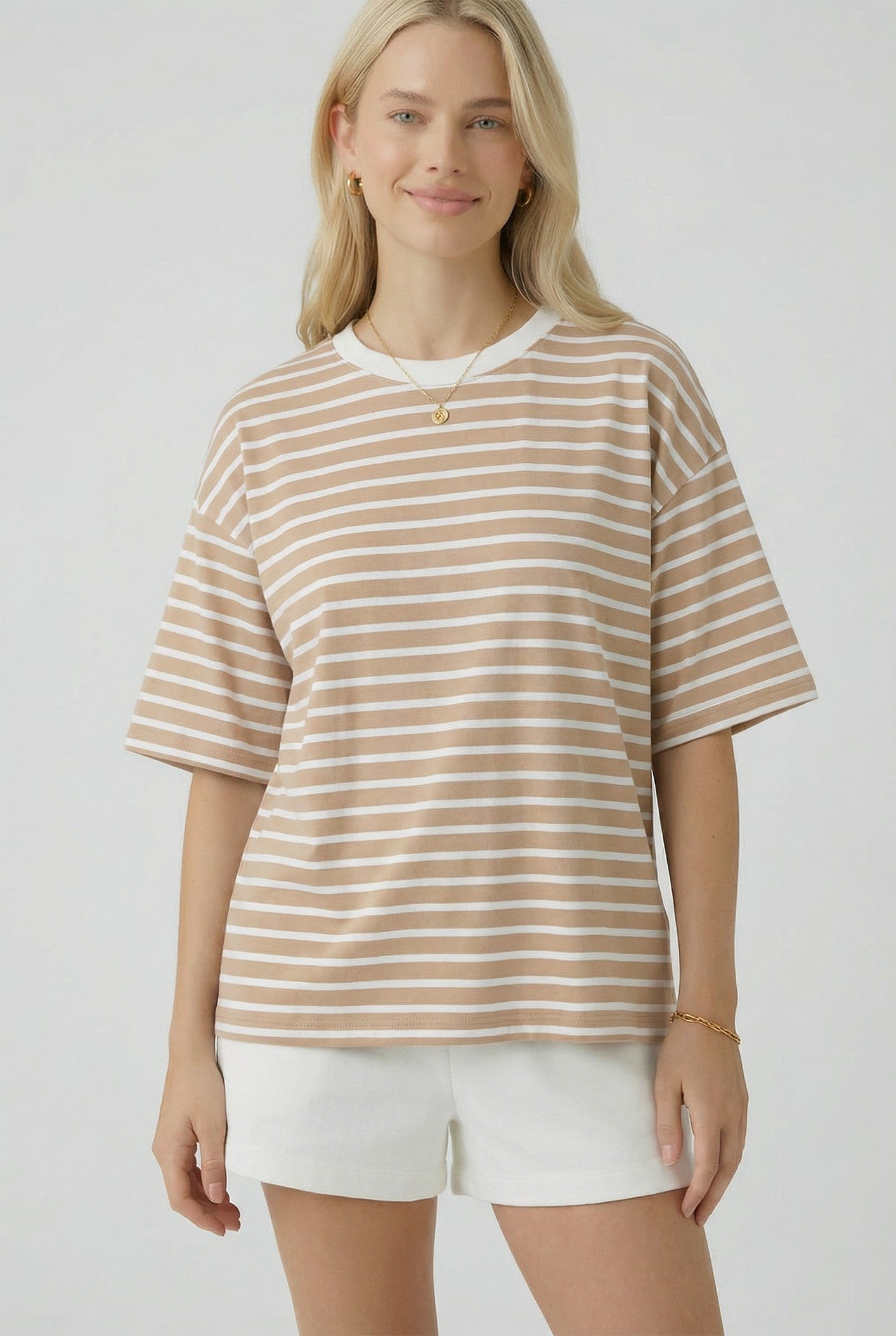 Tan Ivory Stripe Relaxed Fit Tee