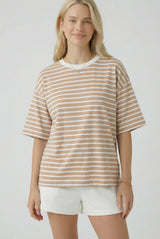 Tan Ivory Stripe Relaxed Fit Tee